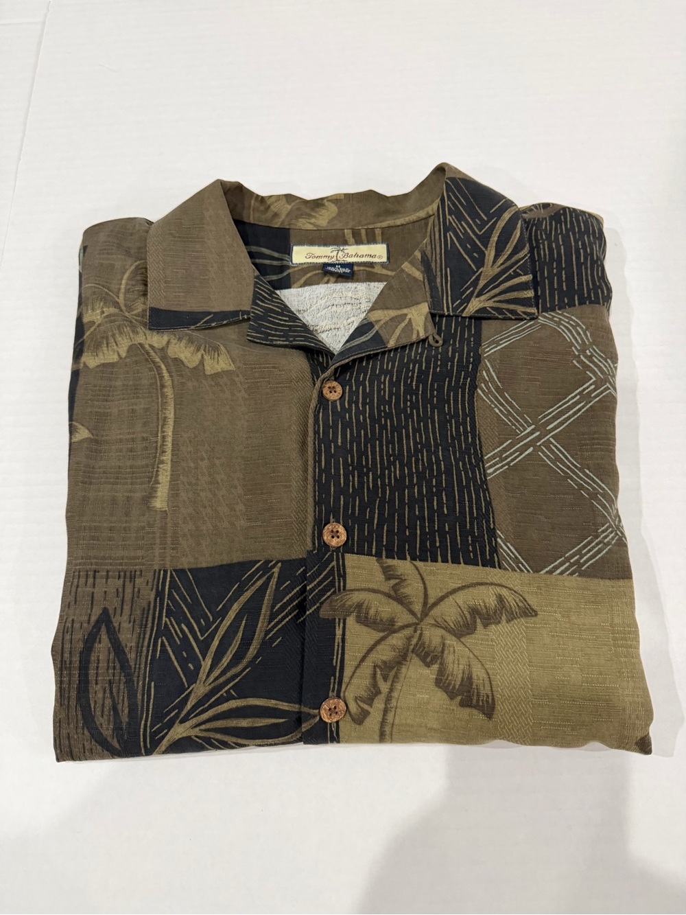 Tommy Bahama Olive and Black Patchwork Palm Short-Sleeve Button Shirt